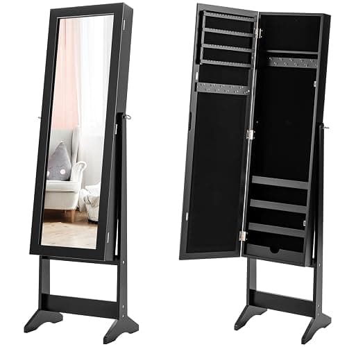 Giantex Jewelry Cabinet with Full-Length Mirror, Standing Jewelry Armoire Organizer with 64 Earring Slots, 72 Ring Slots, 20 Necklace Hooks, 4 Storage Shelves, 3 Angle Adjustable (Black) thumbnail 8