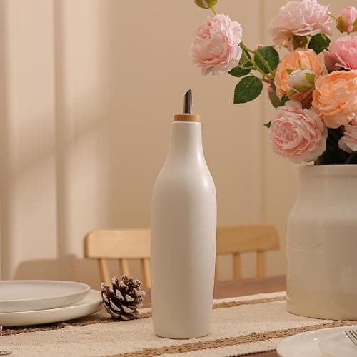 HOMCDALY Ceramic Olive Oil Dispenser for Kitchen, Stoneware 16oz Oil and Vinegar Bottles Dispenser, Kitchen Dispenser Bottle for EVOO Vinegar Syrups, Modern Farmhouse Design(W) thumbnail 5