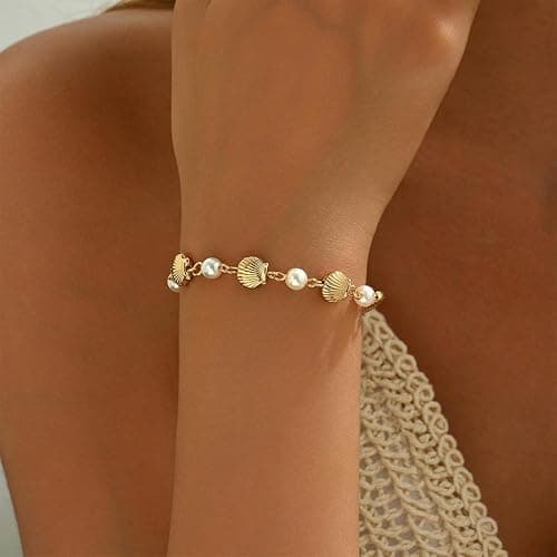 Gold Shell Bracelet Stack Dainty Gold Chain Bracelets Seashell Starfish Beaded Pearl Bracelet Boho Summer Beach Jewelry Trendy Stuff Gifts thumbnail 9
