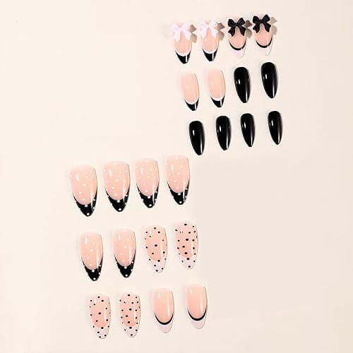 MISUD Press on Nails - Medium Almond Fake Nails with Polka Dot, Acrylic Black White Bow Design 24 pcs thumbnail 2