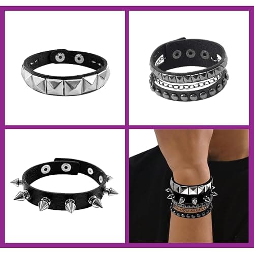 Ulekuke 3 Pcs Punk Rock Studded Bracelet Set Spiked Leather Cuff Bracelet for Men Women 80s Wristband Emo Bracelet Adjustable thumbnail 5