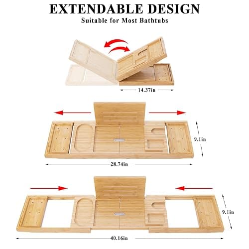 AUTODECO Bathtub Caddy Tray, Bamboo Bathtub Tray, Expandable Bath Tray with Bamboo Book Stand, Soap Tray, Perfect for Home Spa, Natural Colour - Natural thumbnail 4