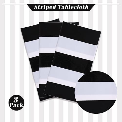 Kesfey 3 Packs Black and White Vertical Striped Tablecloth 54 x 108 Inch Geometric Black Stripe Table Cloths Disposable Plastic Stripe Table Covers Waterproof Picnic Tablecover for Camping Party thumbnail 4