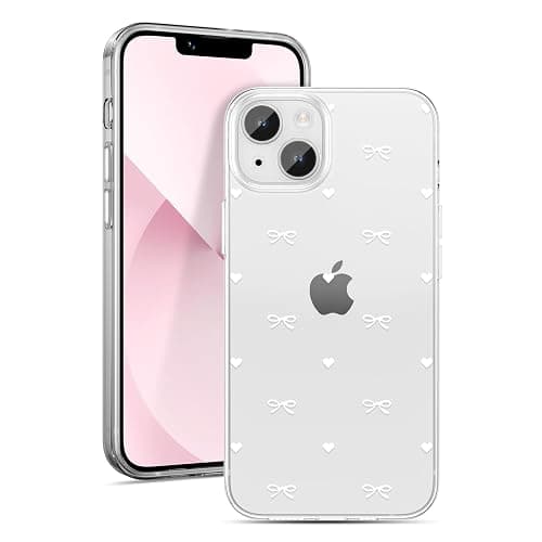ZTOFERA Clear Case for iPhone 13, Cute Love Heart & Bowknot Pattern Design Aesthetic Transparent Phone Case Soft Flexible TPU Shockproof Protective Cover for Women Girls - White Bow - Image 1