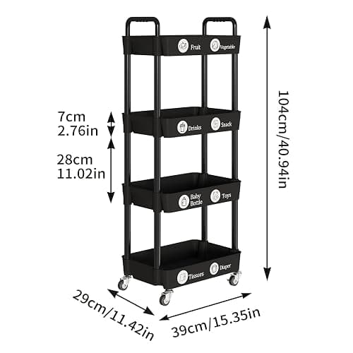 Laiensia 4-Tier Rolling Cart with Wheels,Multifunction Utility Storage Carts, Kitchen Storage Organizer,Mobile Shelving Unit for Bathroom,Laundry,with Classified Stickers,Black thumbnail 3