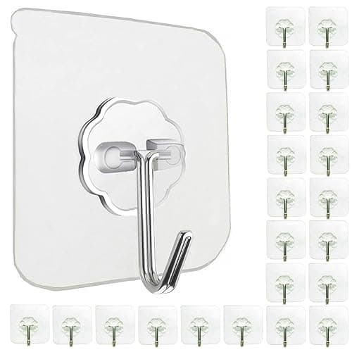 Jwxstore 24 Pack Heavy Duty Self Adhesive Hooks - 33lb Max, Transparent, Waterproof, Sticky Wall Hooks for Keys, Bathroom, Shower, Outdoor, Kitchen, Door, Home Improvement, Utility - Image 1