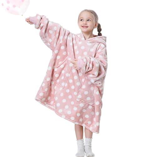 Aemicion Pink Polka Dot Wearable Blanket Hoodie for Girls 6-12, Kids Oversized Hooded Blanket with Sleeves, Soft Fleece & Sherpa Lounge Wear, Cute Birthday Christmas Gifts for Girls - Image 1