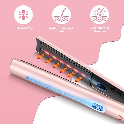 IG INGLAM Titanium Flat iron Hair Straightener, Curling Iron 1 Inch, Infrared Negative Ionic Hair Iron Straightener 11 Adjust Temp 250°F to 450°F, Shiny Hair Dual Voltage 110-240V, Gift, Pink thumbnail 2