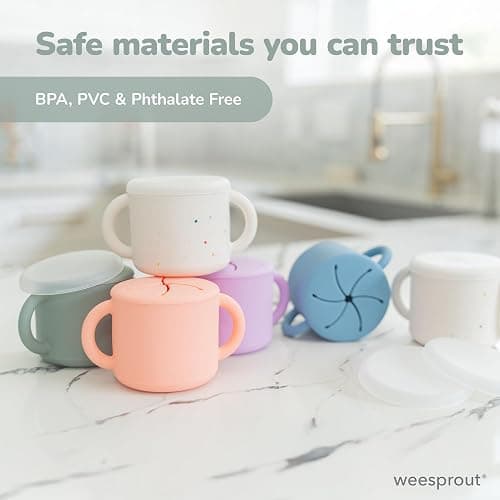 WeeSprout Snack Containers, Food Grade Silicone Cups, Spill-Proof Tops For Toddlers and Babies, Premium Hard Plastic Travel Lids, Dishwasher Safe, Set of 2 Snack Catchers thumbnail 7