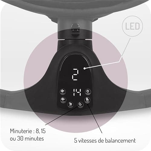 Balancelle MoMi KENANI ONYX jusqu'à 9 kg, écran LED, télécommande, Bluetooth pour smartphone, alimentation piles/secteur, harnais de sécurité 5 points, arche et jouets thumbnail 6
