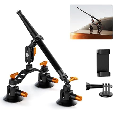 K&F CONCEPT Triple Suction Cup Car Mount for Camera, Heavy Duty 3-in-1 Kit | 15° Curved Surface Adjustment, Extension Pole & Phone Holder, Compatible with Insta360 X5/X4 GoPro DJI Action, MS44 - Image 1