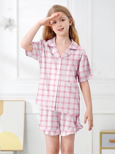 Umeyda Girls & Women Satin Pajamas Set Button Down 2 Piece Silk Pjs Shorts Set Ruffle Sleepwear, 5 Years-Women L thumbnail 3