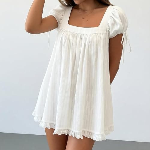 Women Square Neck Babydoll Dress Short Puff Sleeve Lace Trim Ruffle Hem Loose Fit Summer Casual Mini Dress thumbnail 2