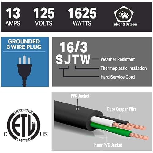 4 Pack 8ft Extension Cord Outdoor Indoor Use 16 AWG Heavy Duty Power Cord 3 Prong SJTW, NEMA 5-15P to NEMA 5-15R, Power Cable for Indoor and Outdoor Extension, ETL Listed thumbnail 3