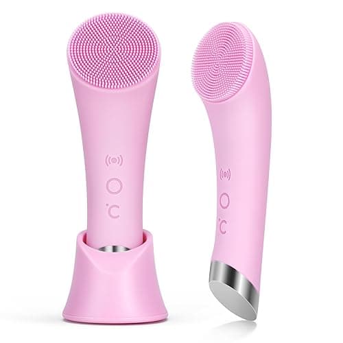 PRITECH Facial Cleansing Brush, Rechargeable Silicone Face Scrubber with Heat Massage End, Vibrating Exfoliator Scrubber for Deep Cleaning, Waterproof Face Brush for Women and Men (Pink) - Image 1