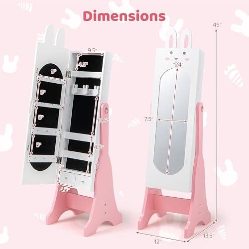 CHARMAID Kids Mirror Jewelry Cabinet - 45" Standing Jewelry Armoire with Full Length Mirror, Bunny Shaped Vanity Dressing Mirror for Girls, Kids Jewelry Organizer with Storage Drawers (White) - White thumbnail 3