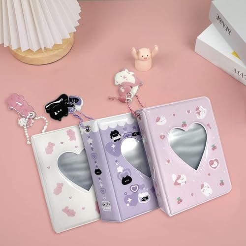 3 Inch Mini Photo Album, Heart Hollow Card Binder Photo Card Holder with Pendant 40 Pockets (pink white cat) thumbnail 2