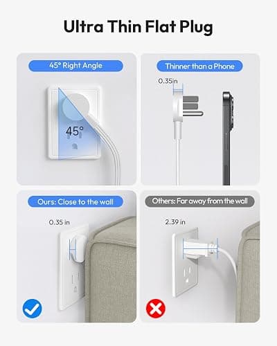 Flat Extension Cord 25 FT, NTONPOWER Long Surge Protector Power Strip, 10 Outlets 4 USB Ports (2 USB C), 3 Side 3 Prong & 2 Prong, 2700J, Overload Protection, Flat Plug Wall Mount, White, SurgePro thumbnail 4