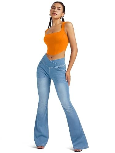 FUNUCA Knit Stretchy Jean Leggings for Women with Crossover High Waisted Bell Bottom Yoga Pants Flare Leggings with Pockets thumbnail 5