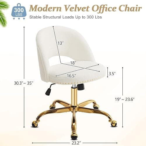 VINGLI Modern Teddy Fluffy Small Office Chair,Cute Desk Chair with Wheels,Gold Base/Studs, Comfy Armless Swivel Vanity Task Chair for Women/Girl/Kids, Nail Tech Chair for Bedroom,Small Space,White thumbnail 2