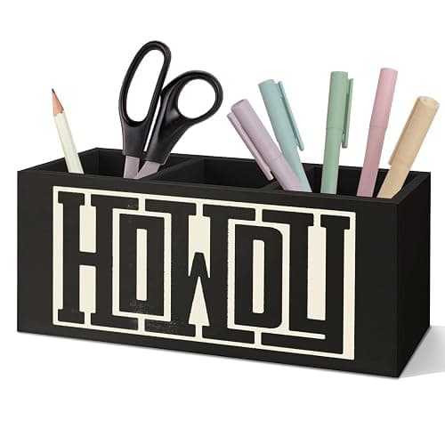 SNNDER Western Office Decor Pen Holder for Desk, Western Gifts for Women Men, Retro Howdy Western Wooden Pen Pencil Holder Organizer for Home Office Desk Accessories - Image 1