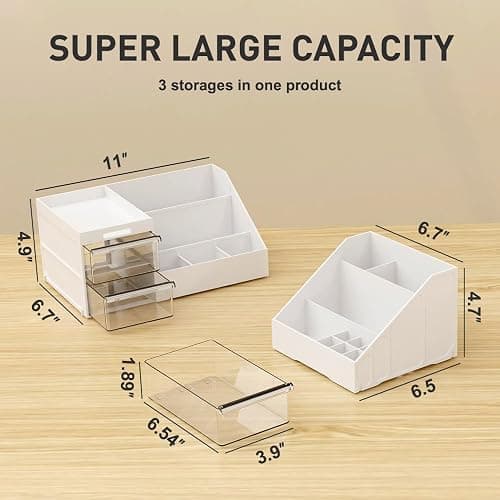 Makeup Organiser,2 In 1 Large Capacity Cosmetic Organiser With 2 Drawers And 16 Compartment, Suitable For Bathroom Bedroom Dressing Table-White/Clear thumbnail 2