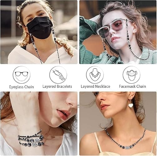 BILIONE Obsidian Glasses Chains, Boho Beaded Eye Glasses Holders around Neck, Gothic Stone Eyeglasses Necklace for Women, Men thumbnail 2