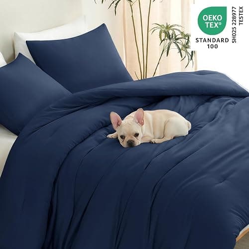 CozyLux Queen Comforter Set Navy Blue, 3 Pieces Lightweight Comforters Queen Size Quilted Bedding Sets, All Season Breathable Solid Down Alternative Comforter with 2 Pillowcases, Soft Bed Set for Home thumbnail 4