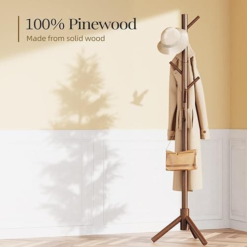 Pipishell Sturdy Wooden Coat Tree with 8 Hooks, 3 Adjustable Sizes for Clothes, Hat Stand Used in Bedroom/Office/Entryway, Brown thumbnail 4