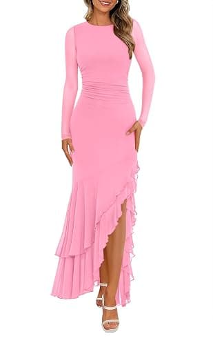 BTFBM Women's Maxi Dresses Fall 2025 Long Sleeve Ruched Bodycon Solid Ruffle Mermaid Cocktail Wedding Guest Dress - Image 1