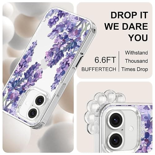 MOSNOVO Case for iPhone 16, [Buffertech 6.6ft Military-Grade Drop Protection] [Anti Peel Off Tech] Clear TPU Bumper Phone Case Cover Design - Lavender thumbnail 5