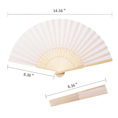 Sepwedd 50pcs Cream-Coloured Imitated Silk Fabric Bamboo Folded Hand Fan Bridal Dancing Props Church Wedding Party Favors with Organza Bags thumbnail 3