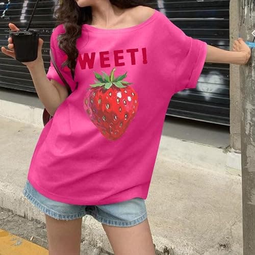 Pinclodly Off The Shoulder Tops for Women Short Sleeve Y2K Jersey Number Graphic Oversized Tshirts E-Girl Tees thumbnail 3