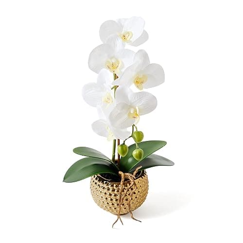 Hisow Orchids Artificial Flowers, 15" Faux Orchid in Gold Flower Pot Real Touch Flowers in Pot Large Flower Arrangements Artificial Centerpiece for Home Living Room Bathroom Kitchen Decoration (White) thumbnail 4