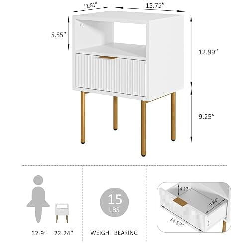 AEPOALUA Nightstand,Morden Bedside Table with Gold Frame,Small White Night Stand,End Table,Bedside Furniture,Side Table with Drawer and Shelf for Bedroom,Living Room (1Drawer, White) thumbnail 2
