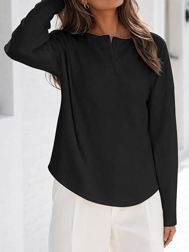 Fisoew Womens Long Sleeve Henley Shirts Ribbed Knit Button Tunic Tee Tops thumbnail 3
