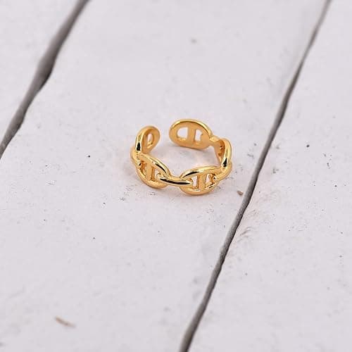 LEMON GRASS Gold Chain Link Ring | Chunky Curb-Link Open Ring | Stackable Thick Chain Simple Open Circle Band Adjustable thumbnail 6