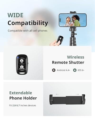 SENSYNE 62" Phone Tripod & Selfie Stick, Extendable Cell Phone Tripod Stand with Wireless Remote and Phone Holder, Compatible with iPhone Android Phone, Camera thumbnail 6