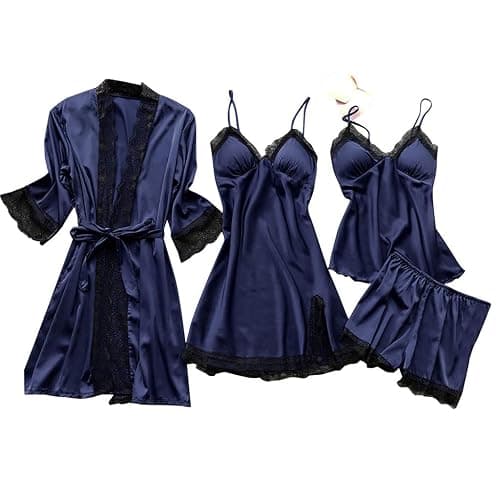 YMAMIYO Lace Pajama Set With Robe Plus Size 4pcs Satin Nightgowns With Slit Silk Camisole Tops & Shorts Belted Matching Pjs - Image 1