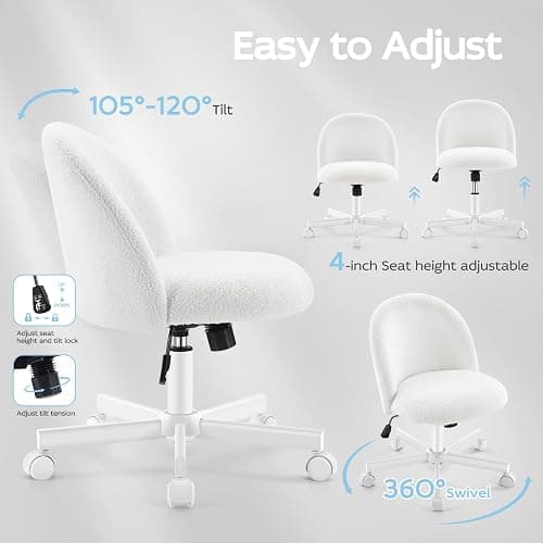 Morkprism Vanity Chair with Back,Armless Desk Chair Cute Small Office Chair,Teddy Fabric Computer Chair with Adjustable Height,120°Tilting,Rolling,Swivel for Vanity,Kids Room,Office,Bedroom White thumbnail 4