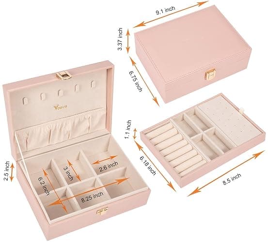 Voova Jewellery Box Organiser for Women Girls, 2 Layers Large Jewelry Storage Case, PU Leather jewlerrying Display Holder with Removable Tray for Necklace Earrings Rings Bracelets, Gifts, Pink thumbnail 3