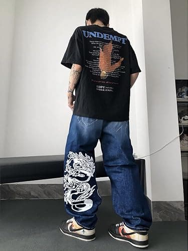 Unisex Y2K Hip Hop Street Jeans Dragon Print Gothic Baggy Jeans Vintage High Waist Denim Jeans Wide Leg Pants thumbnail 2