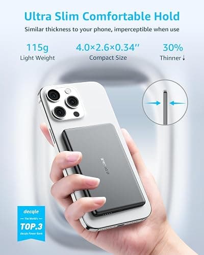 decqle “Air” Power Bank for MagSafe 5000mAh, Ultra Slim Magnetic Wireless Portable Battery Charger Case with USB-C Cable, Compatible with iPhone 17/16/15/14/13/12 Series Only (Grey) thumbnail 2