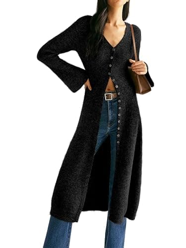 Jenisso Womens V-Neck Button Maxi Cardigan Bell Long Sleeve Open Front Split Breasted Sweater Dress thumbnail 5
