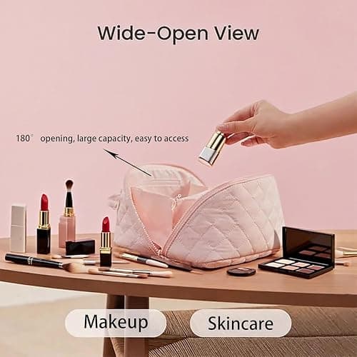 Makeup Bag for Woman, Wide Open Lay-Flat Water-Resistant Cosmetic Case, Festivalment Makeup Bag, Spacious 180° Open Cosmetic Organizer for Toiletries & Brushes Large Capacity with Compartments (Pink) thumbnail 7
