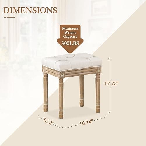 LUE BONA Upholstered Fabric Vanity Bench Seat, Makeup Stools for Vanity, Square Tufted Ottoman Bench with Carved Wood Color Legs for Bedroom Living Room, Beige thumbnail 3