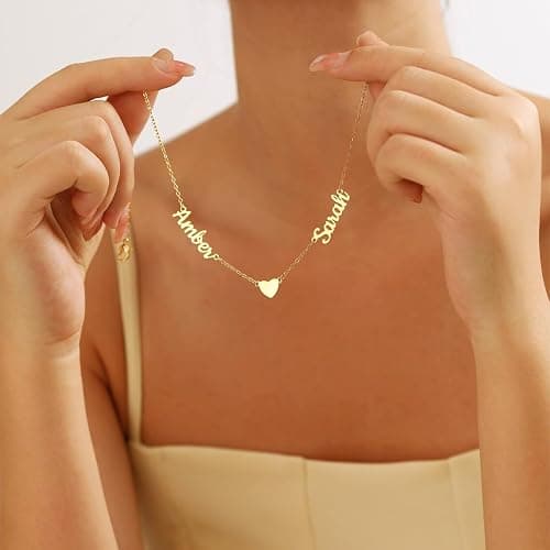 Personalized Name Necklace with Curb Chain,18K Gold Plated Handmade Personalized Necklace with Kid Name Family Choker Nameplate Necklace Mother Day Jewelry Gift for Mom thumbnail 3