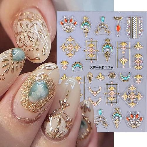 Sun Moon Nail Art Stickers 5D Embossed Totem Bohemian Style Nail Decals 2PCS Metallic Gold Lace Lines Green Gem Luxury Design Nails Adhesive Stickers Supply for Women DIY Manicure Decorations thumbnail 9