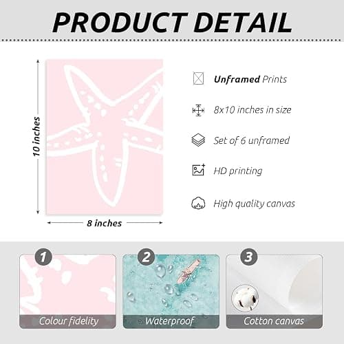 Coastal Wall Art Beach Canvas Poster Summer Surf Wall Decor Pink and Bule Pictures Preppy Aesthetic Prints Ocean Granddaughter Artwork Surfboard Starfish Painting for Girls Bedroom 8x10 Inch Unframed thumbnail 2