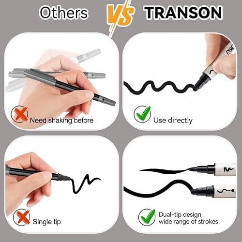 TRANSON 8 Pack Black Brush and Bold Dual-tip Acrylic Paint Marker for DIY Glass Canvas Wood Leather Ceramic Rock Painting thumbnail 5